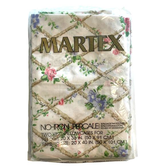 Martex NEW No-Iron Percale 2 King Pillowcases White Floral NIP Vintage Deadstock - Picture 1 of 3